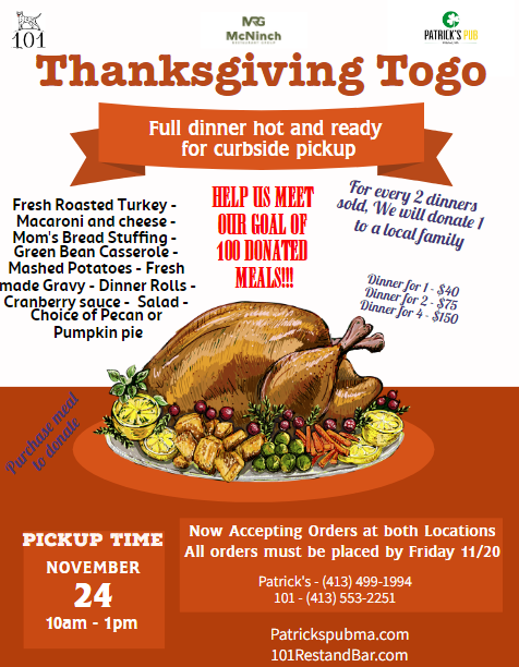 A poster for thanksgiving togo full dinner hot and ready for curbside pickup