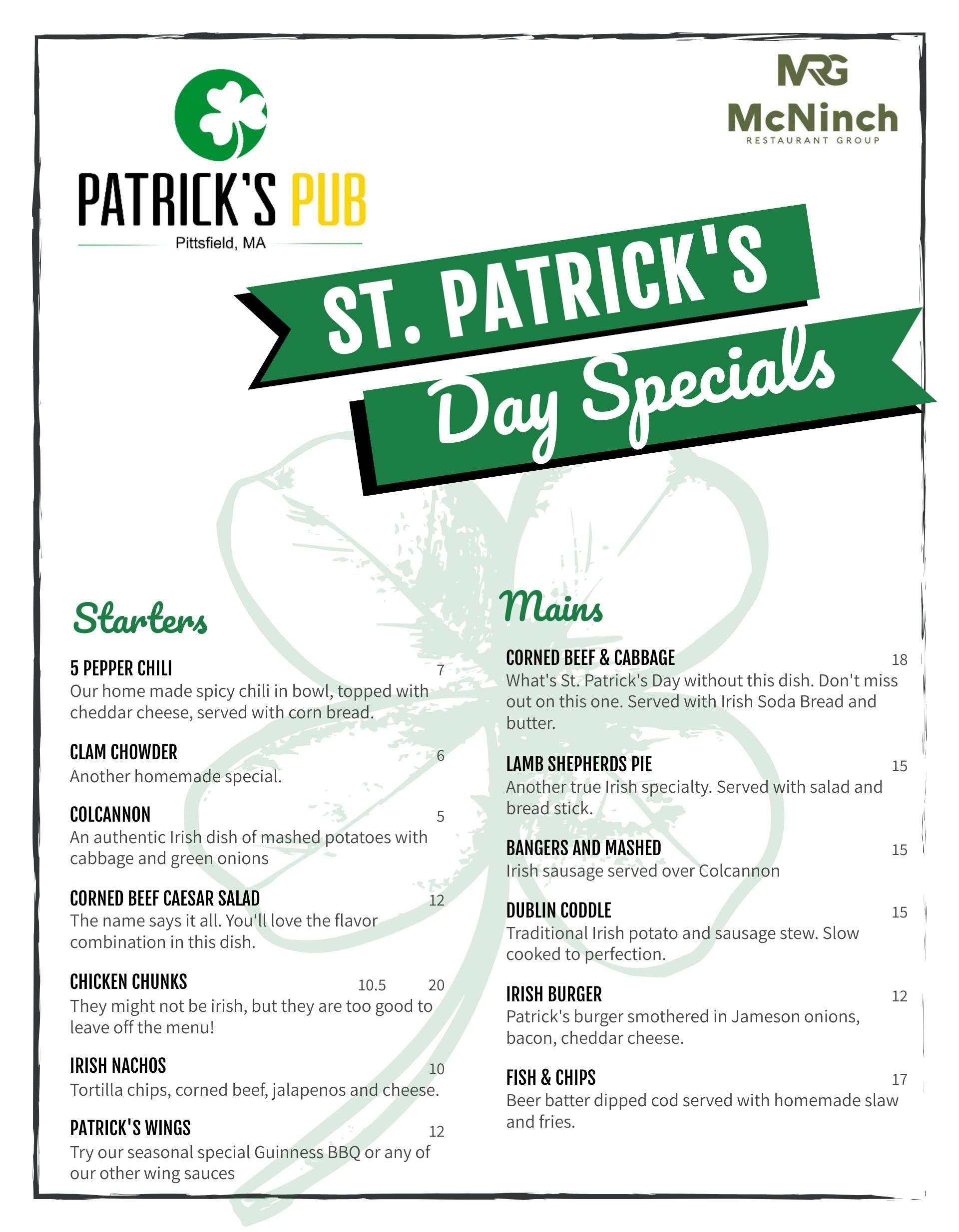 A menu for st. patrick 's day specials at patrick 's pub
