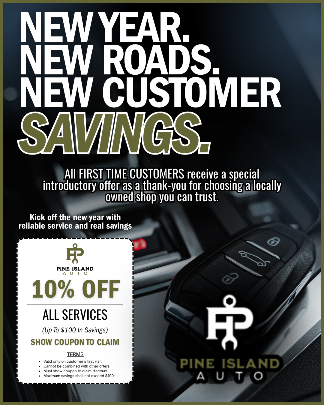 A Pine Island Auto promotional flyer offering 10% off services for new customers, featuring a car key fob background.