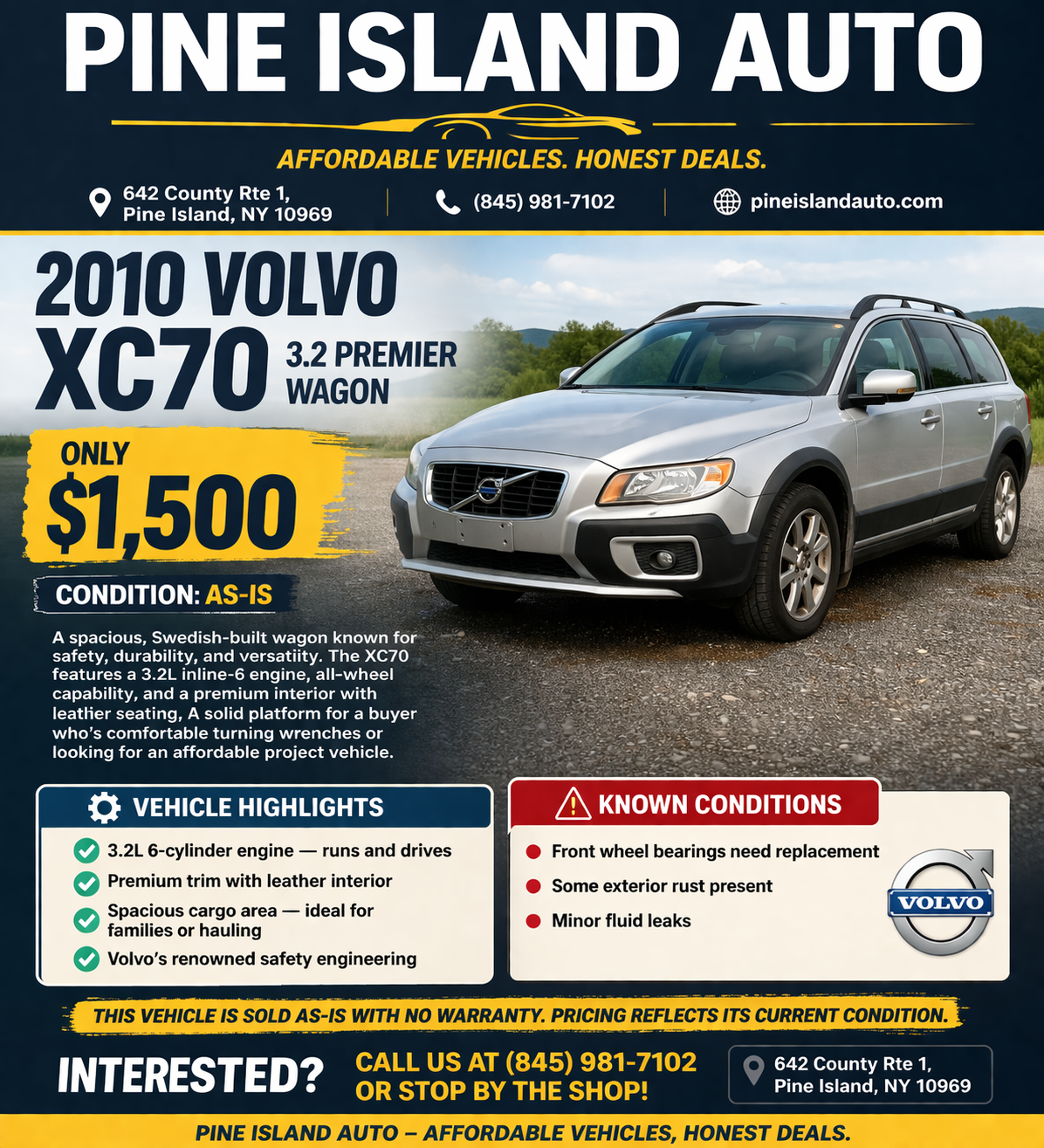 A flyer for a silver 2010 Volvo XC70 at Pine Island Auto, priced at $1,500 