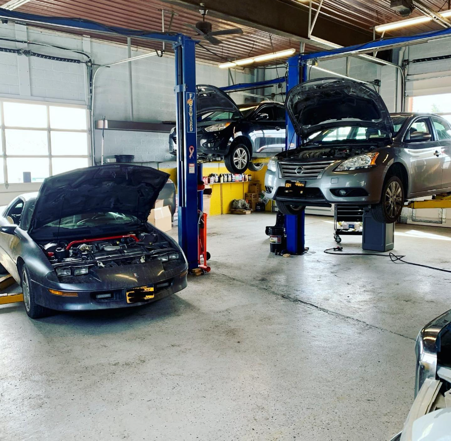 Cars on lifts in a garage; several with open hoods, suggesting repair. Blue lifts, gray concrete floor.