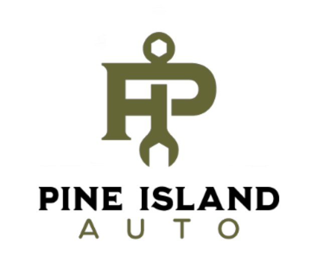Logo for Pine Island Auto, with stylized green "PI" and wrench/tool icons. Black text below reads "PINE ISLAND AUTO."