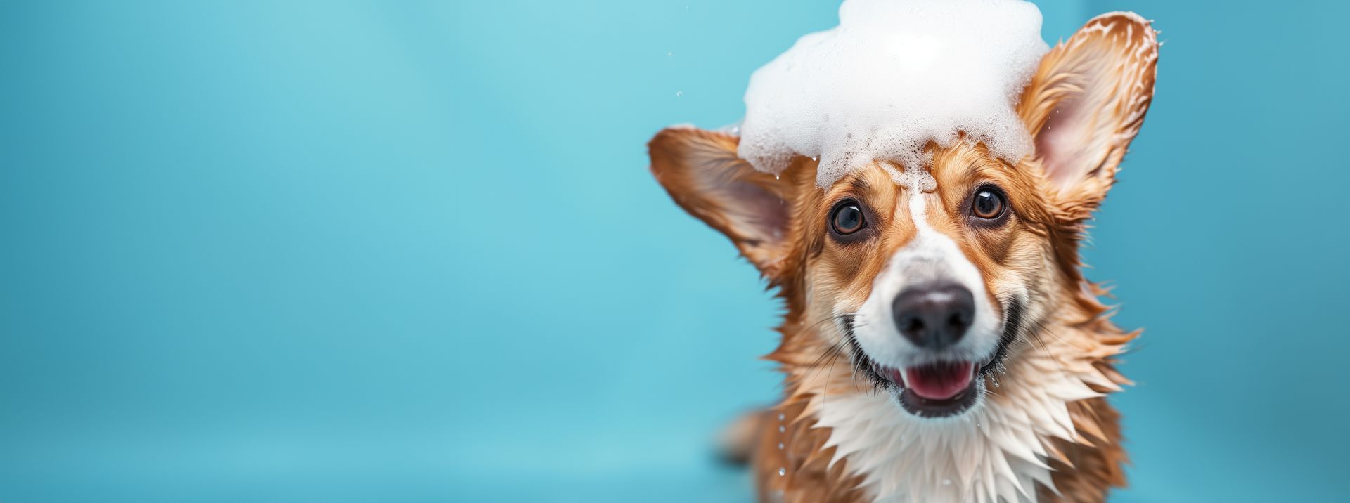 Happy wet Corgi dog taking a bath with soap foam on his head.