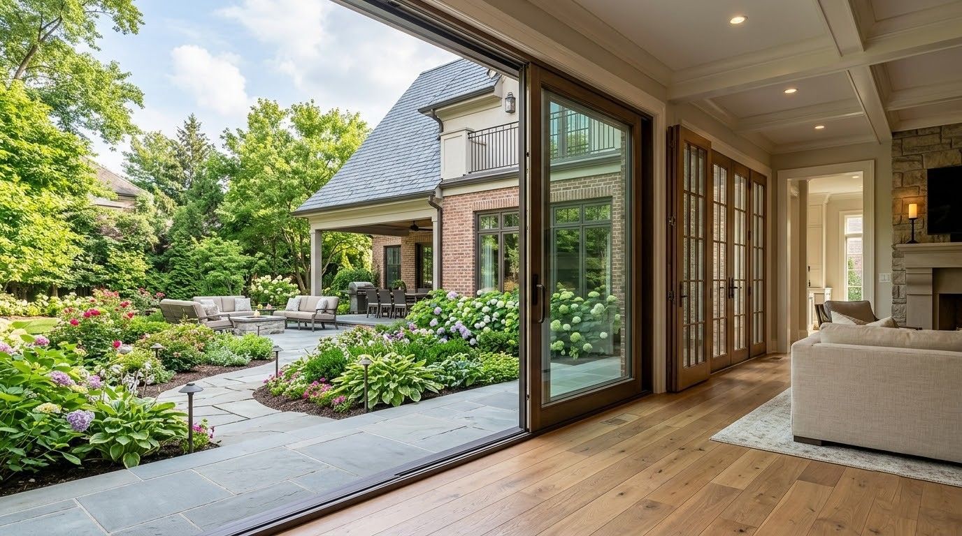 Modern living room with open glass doors to a lush garden and patio, featuring wood floors and a beige sofa
