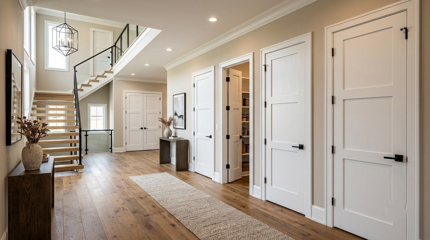 Bright modern hallway with white doors, wood floors, staircase, and a patterned runner rug