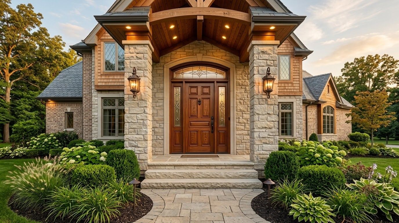 Stone house entry with wooden double doors, arched porch, and landscaped front garden at dusk