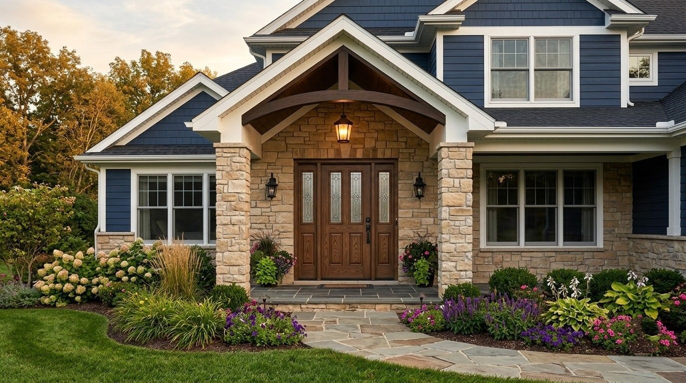 Stone house exterior with wooden front door, dark roof, and colorful flower beds along the walkway