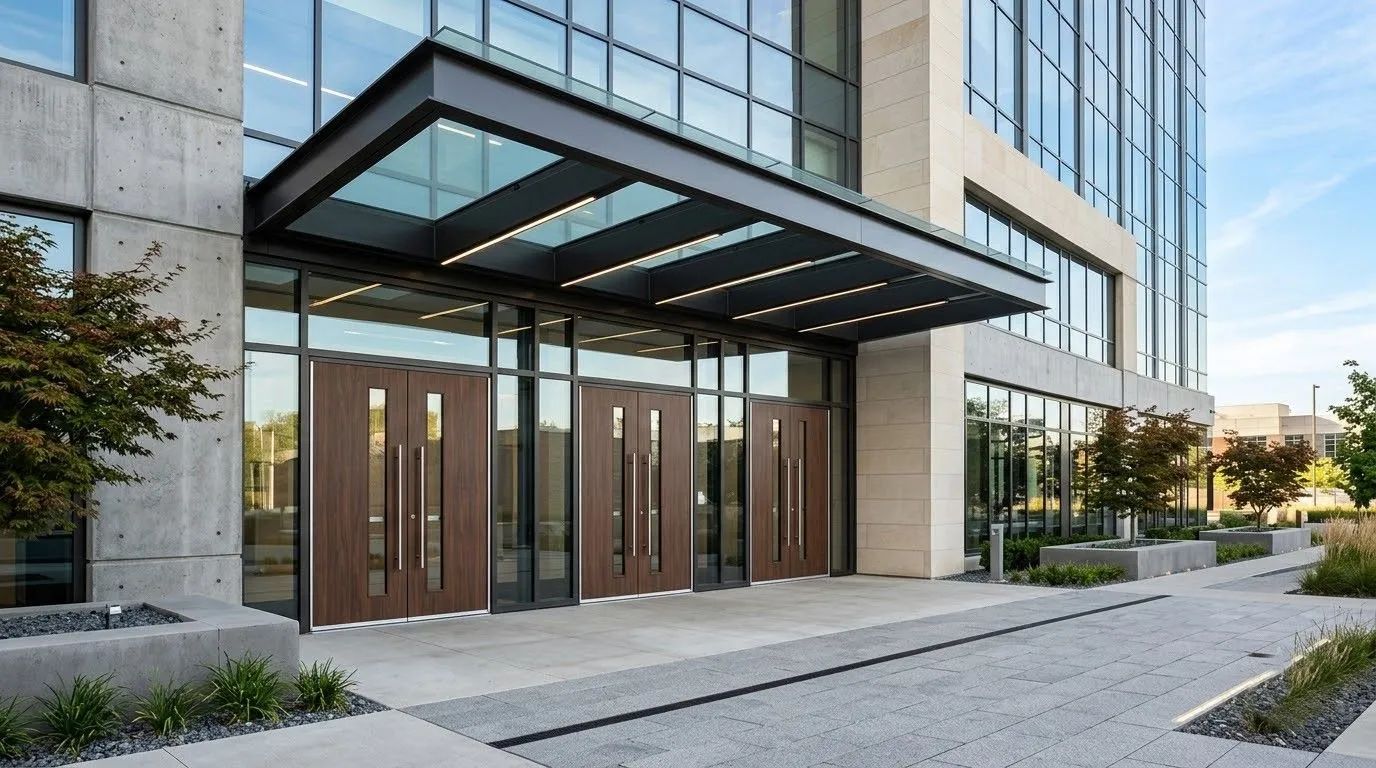Modern office building entrance with glass canopy, wooden doors, and landscaped sidewalk