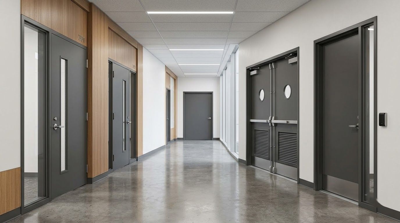 Empty school hallway with gray doors, wood paneling, and polished floors