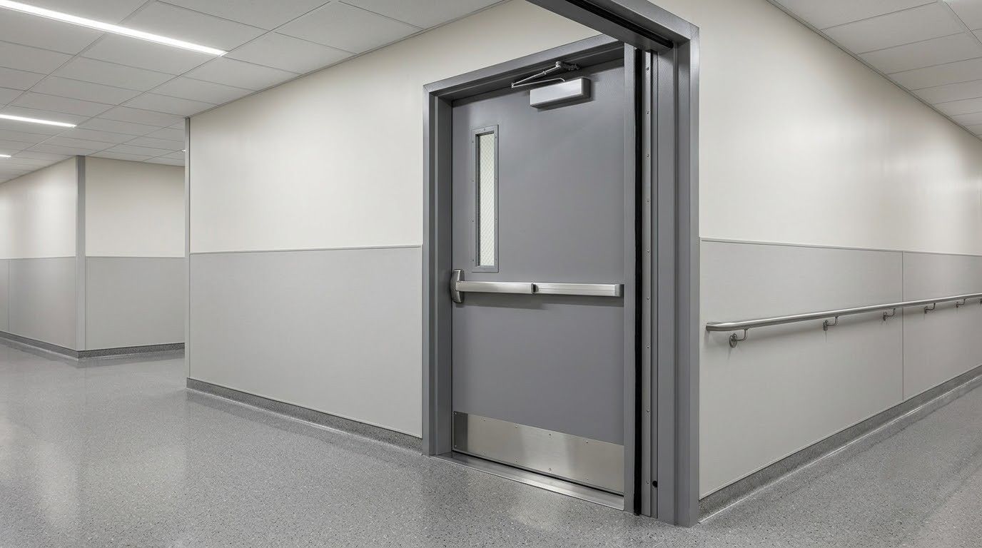 Gray fire door in a clean hallway with white walls and stainless steel handrails