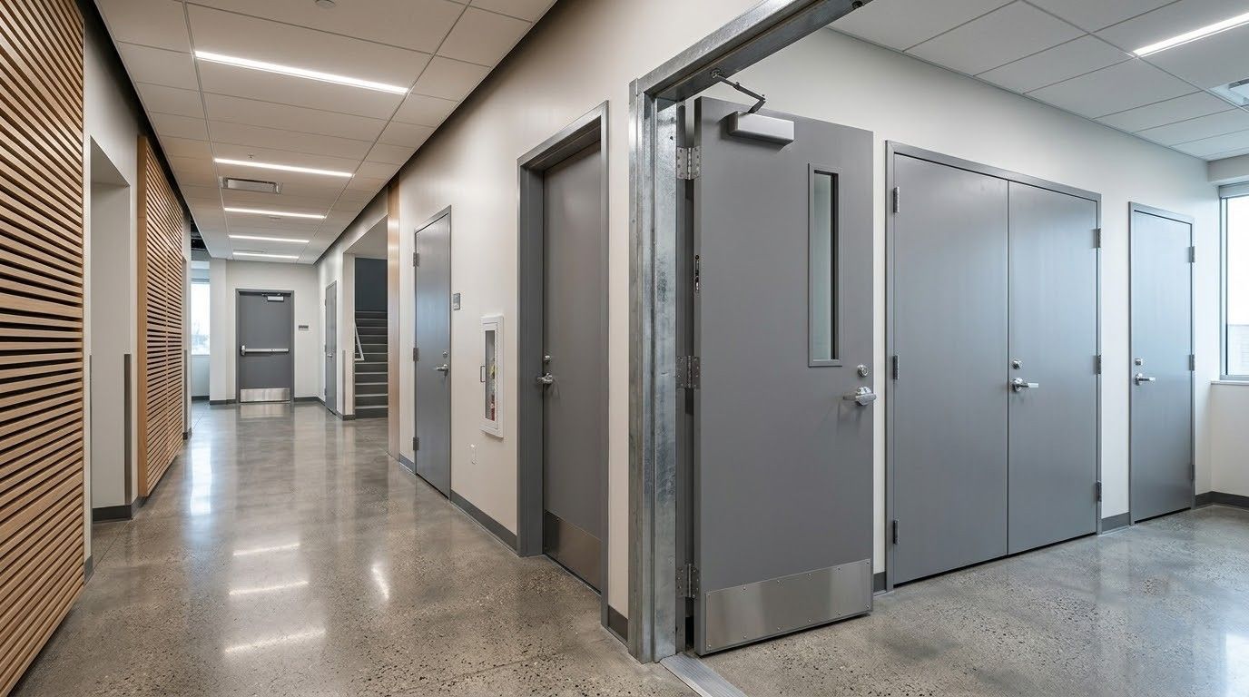 Modern office hallway with gray doors, polished concrete floor, and bright overhead lighting
