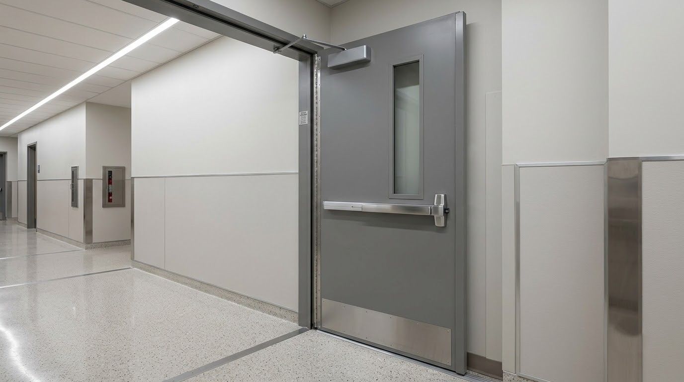 Open gray fire door in a bright hospital hallway, with white walls and speckled floor.