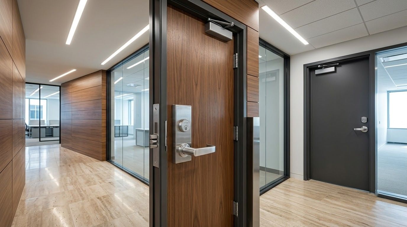 Modern office hallway with glass and wood doors, polished floors, and bright natural light