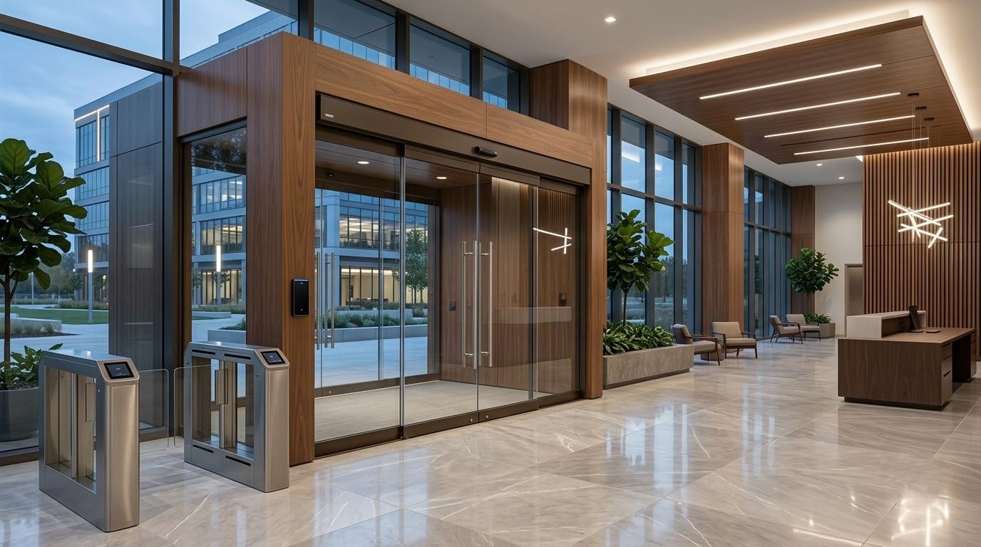 Modern office lobby with glass walls, wood accents, polished floors, and turnstiles at the entrance