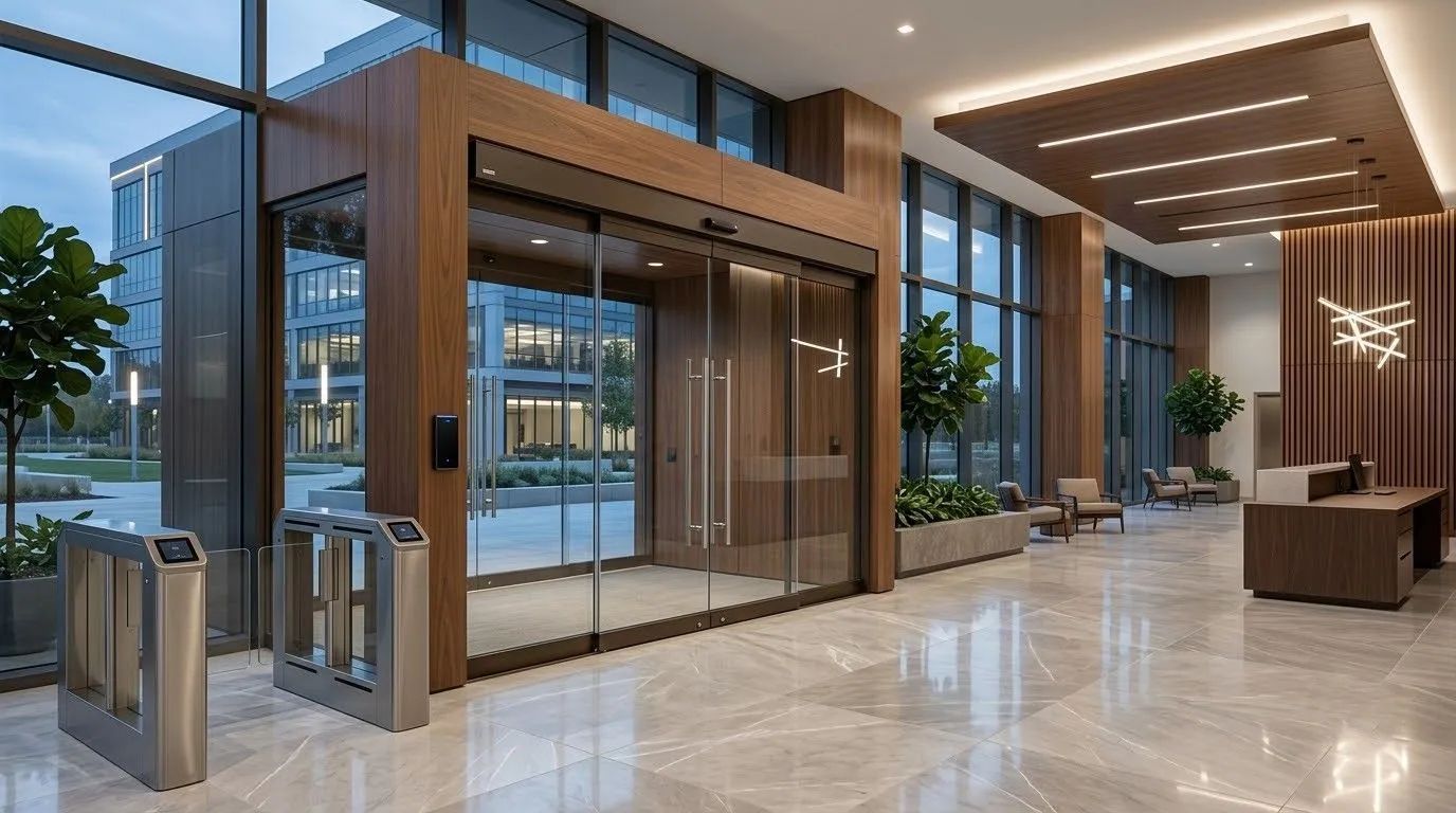 Modern office lobby with glass walls, polished marble floor, and wood accents; no people present