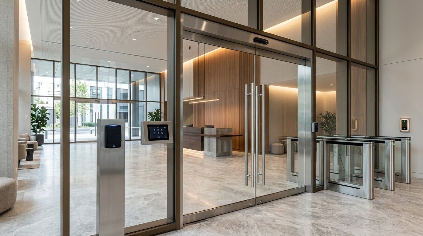 Modern lobby entrance with glass doors, marble flooring, and turnstiles in a bright interior.