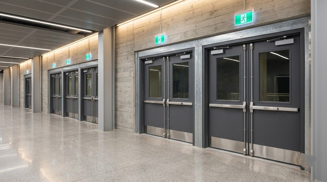 Modern hallway with a row of gray double doors and illuminated green exit signs