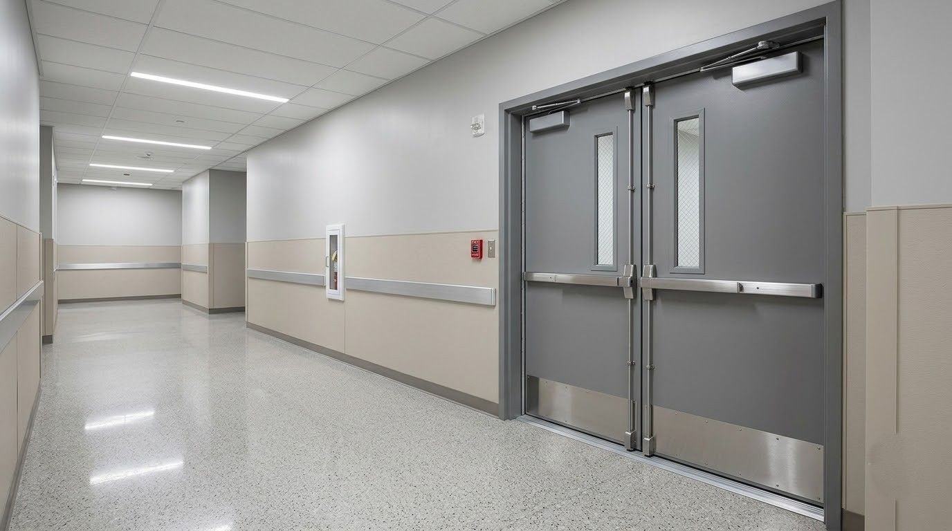 Empty hospital hallway with gray double doors and beige handrails