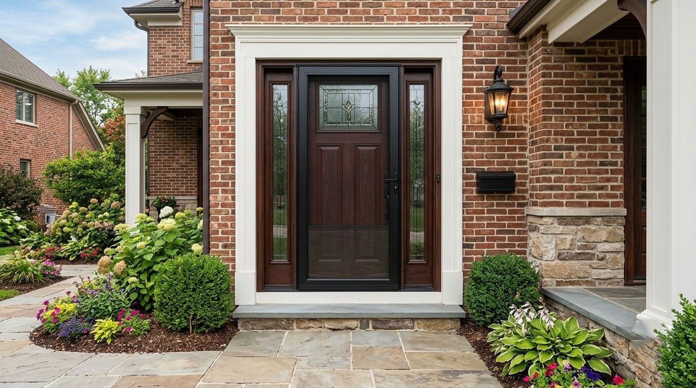 Brick house entry with dark front door, white trim, and landscaped garden path