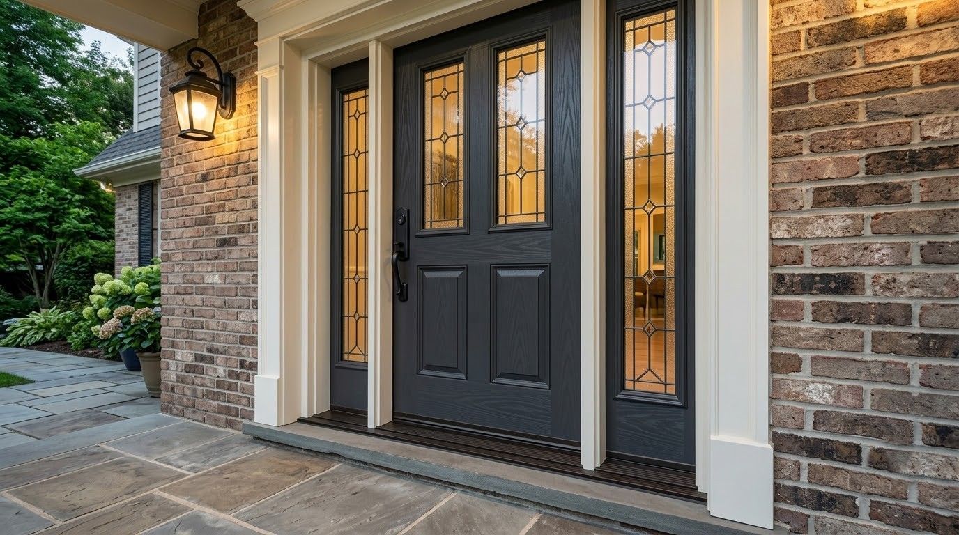 Front porch with dark double doors, narrow sidelights, brick walls, and stone walkway at sunset