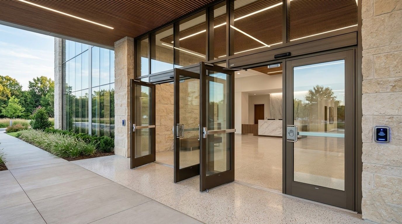 Modern building entrance with glass doors, wood slatted canopy, and landscaped walkway