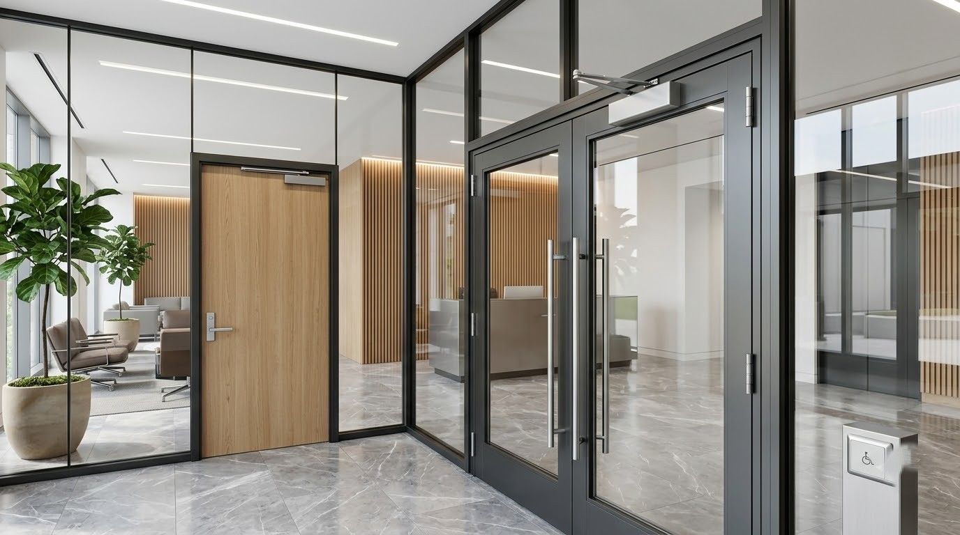 Modern office lobby with glass doors, gray marble floor, wood doors, and indoor plants