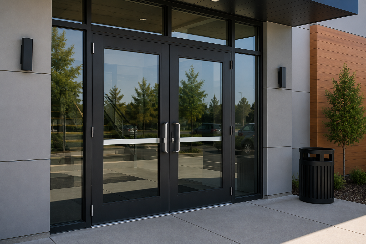 Modern building entrance with glass canopy, double wooden doors, and landscaped walkway