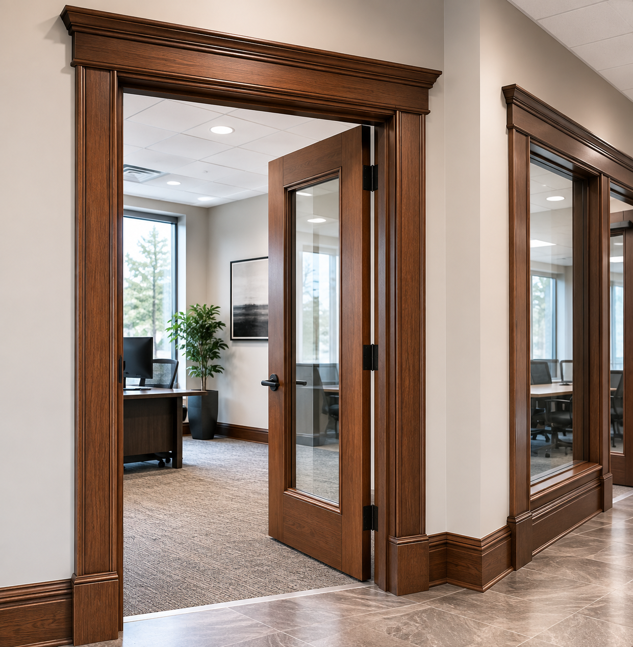 Empty school hallway with gray doors, wood paneling, and polished floors
