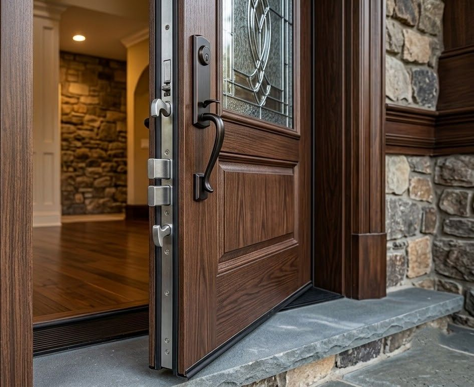 Empty school hallway with gray doors, wood paneling, and polished floors