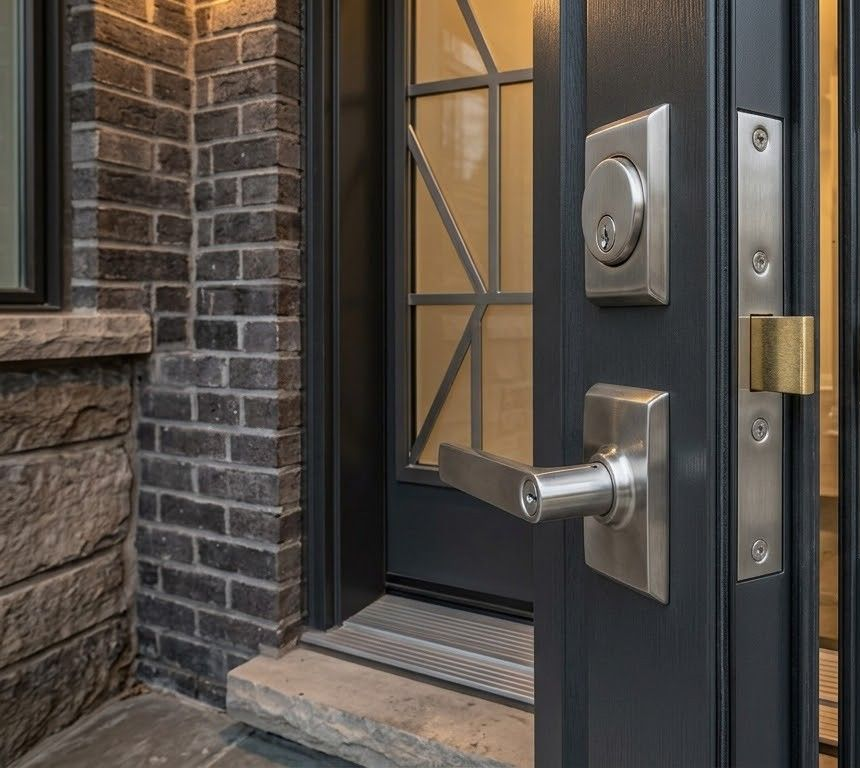 Front door with silver handle and deadbolt on a dark brick entryway
