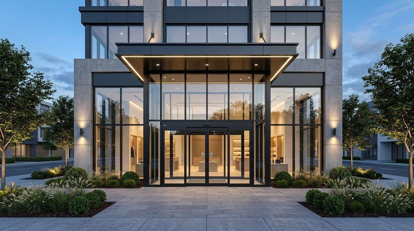 Modern glass-front office building entrance at dusk with lit canopy and landscaped planters