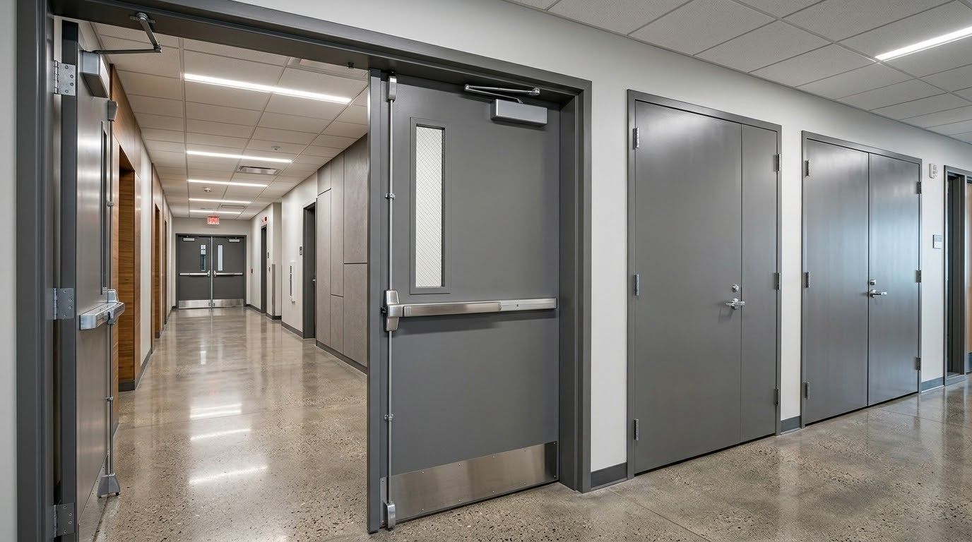 Modern hallway with gray doors and an open doorway, showing a long polished corridor.