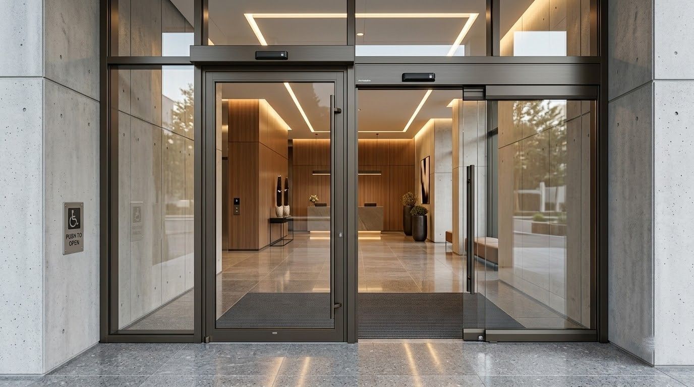 Glass entrance to a modern building with concrete walls and warm interior lighting