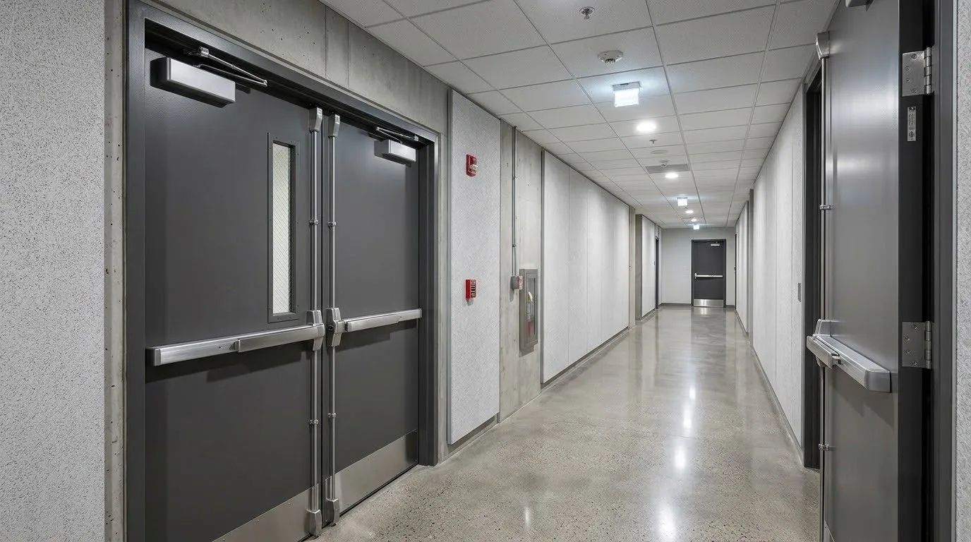 Empty office hallway with gray double doors and fluorescent ceiling lights, viewed from an open doorway
