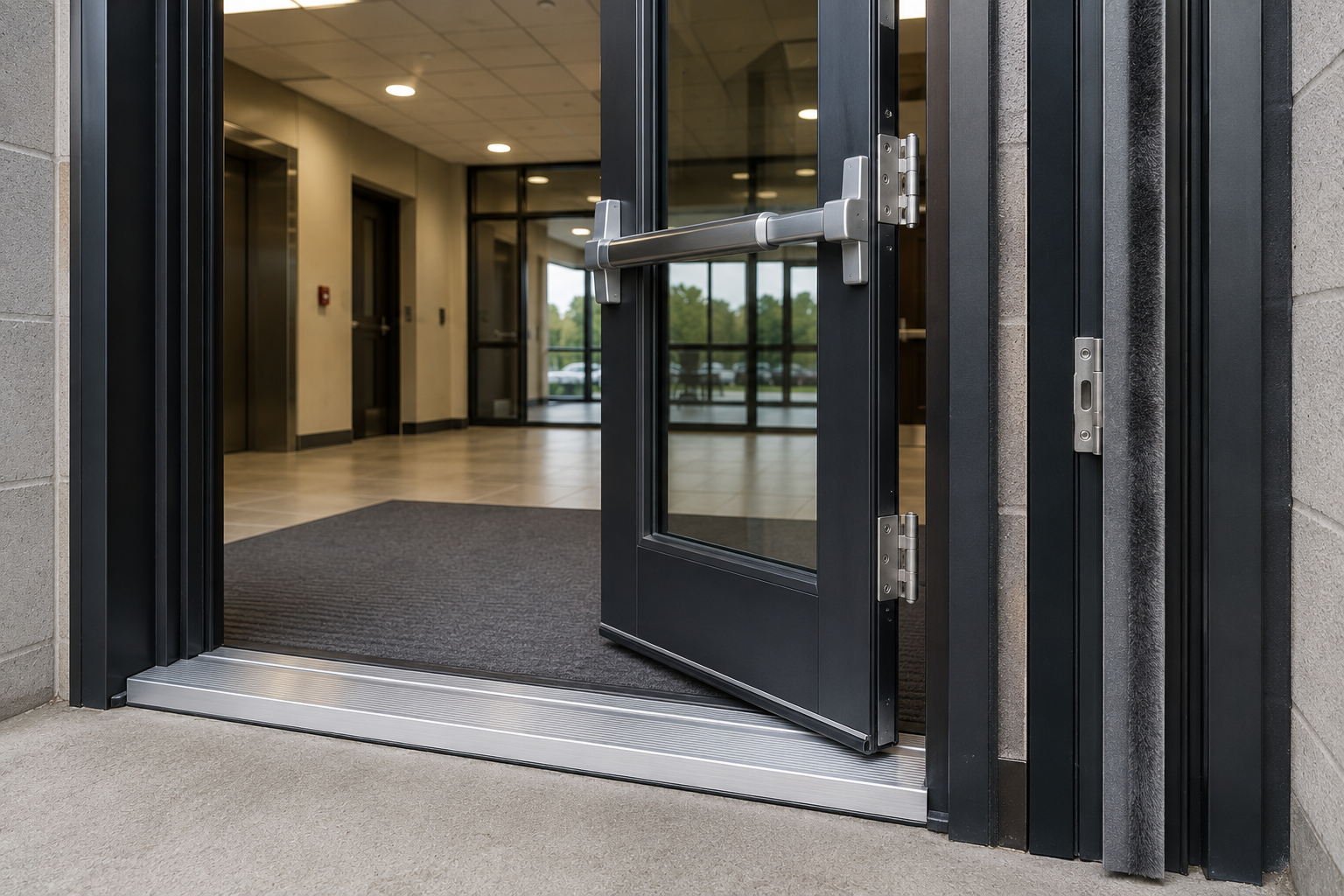 Modern house entrance with dark front door, wood and stone exterior, and landscaped garden.