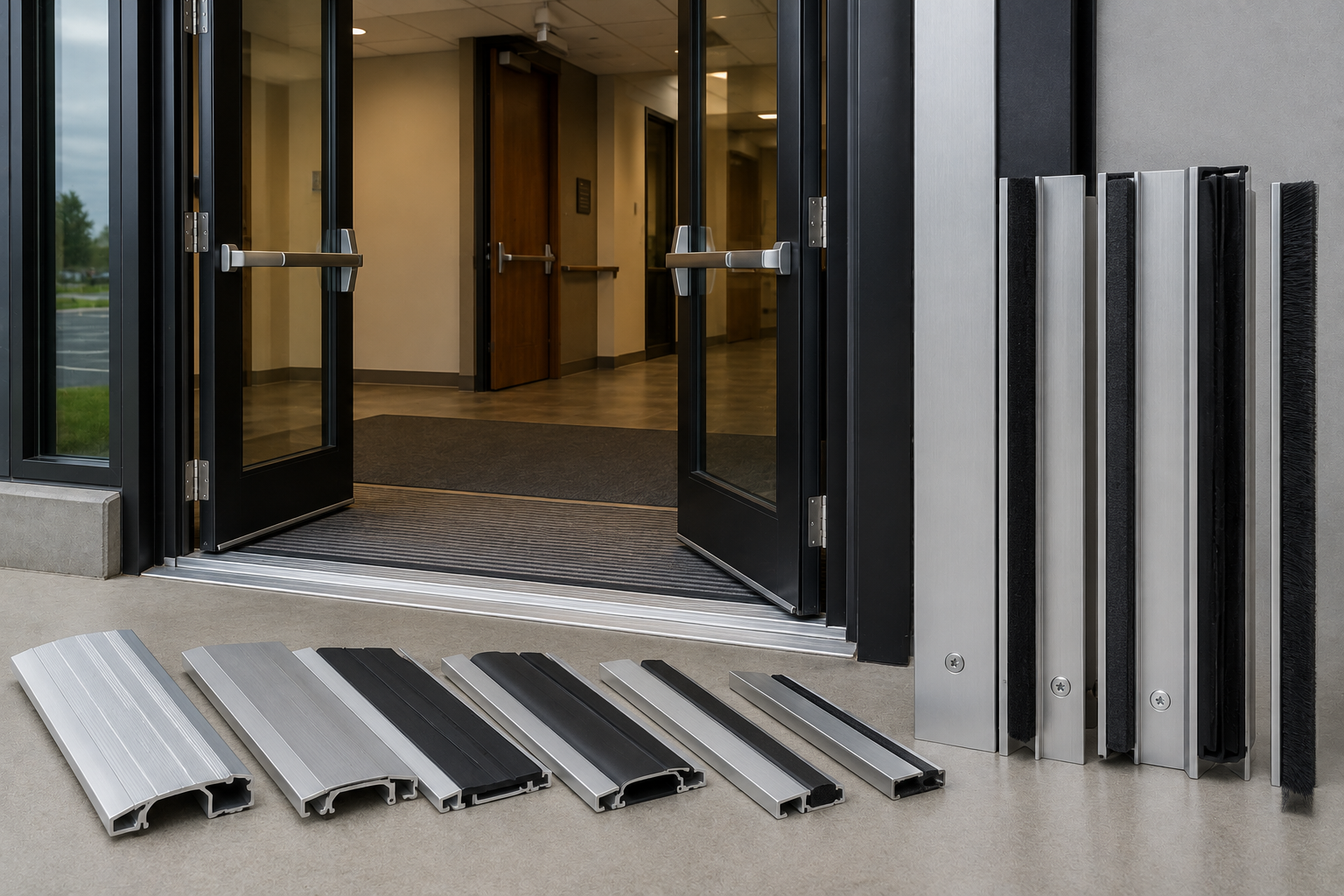 Modern building entrance with glass canopy, double wooden doors, and landscaped walkway