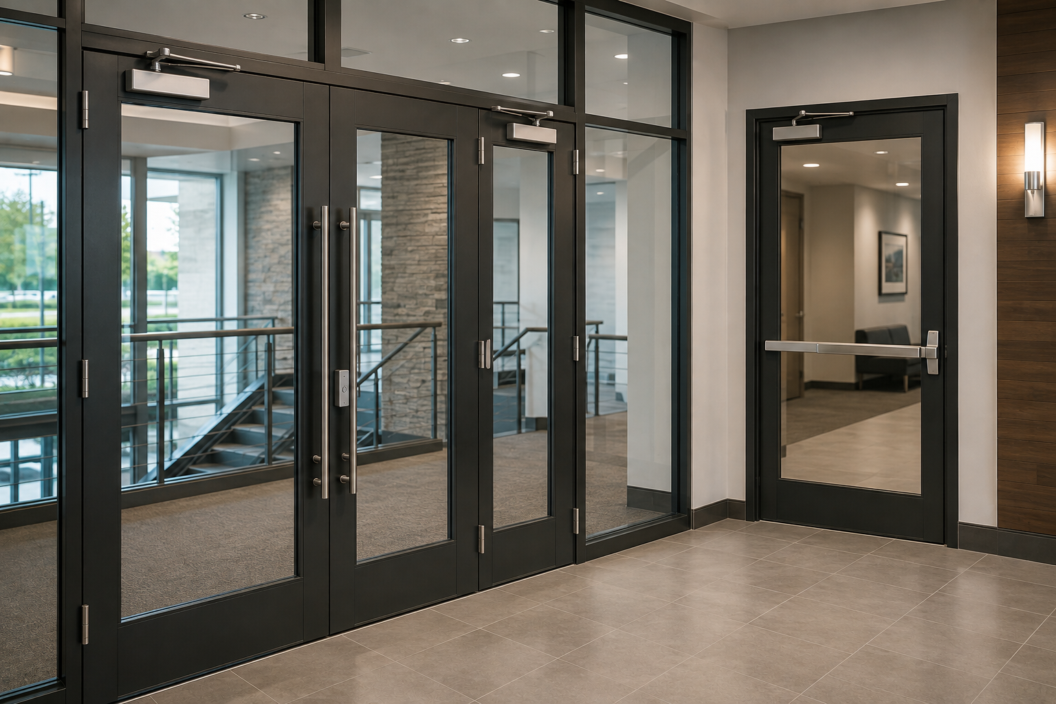 Modern building entrance with glass canopy, double wooden doors, and landscaped walkway