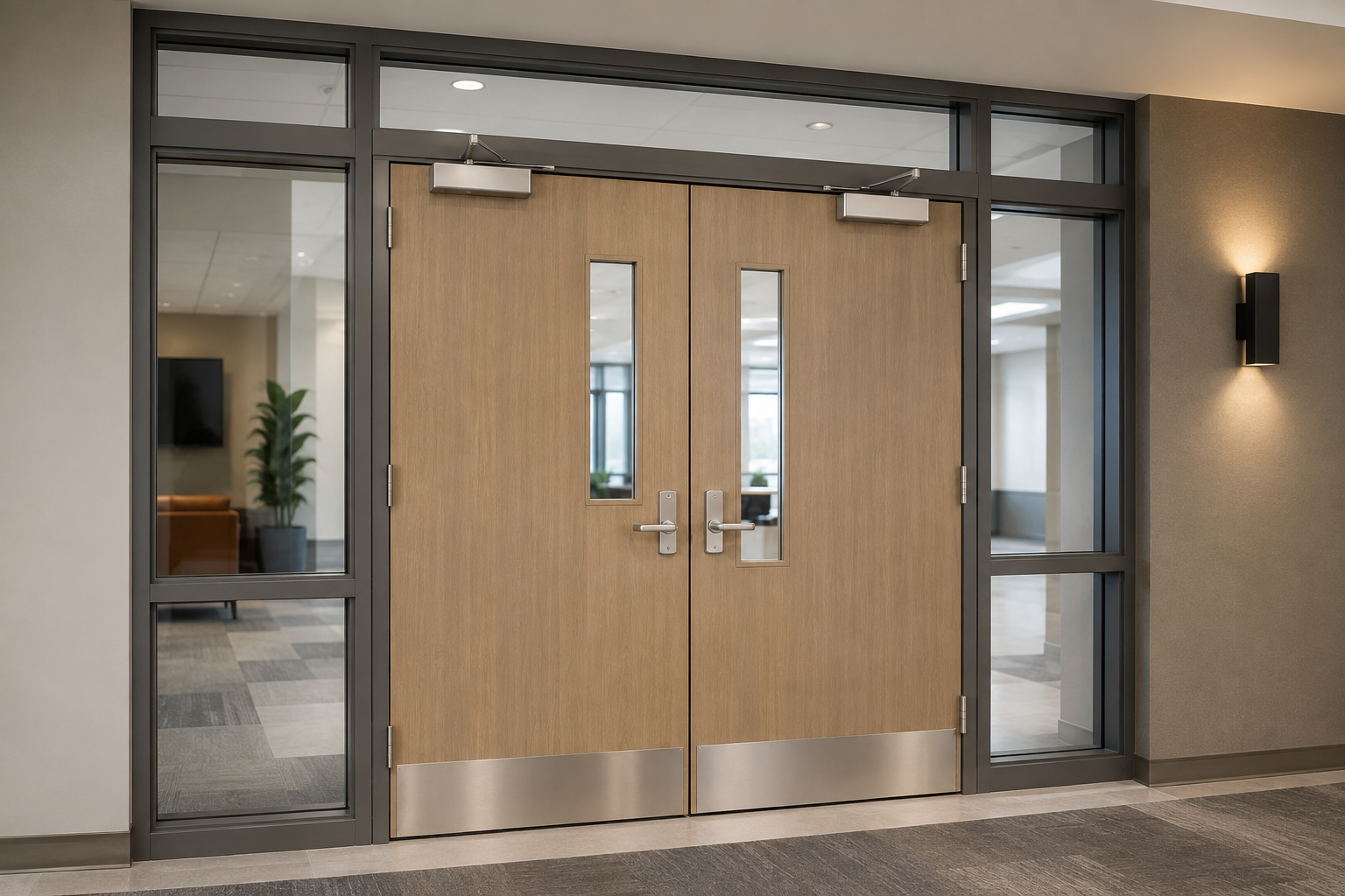 Modern house entrance with dark front door, wood and stone exterior, and landscaped garden.
