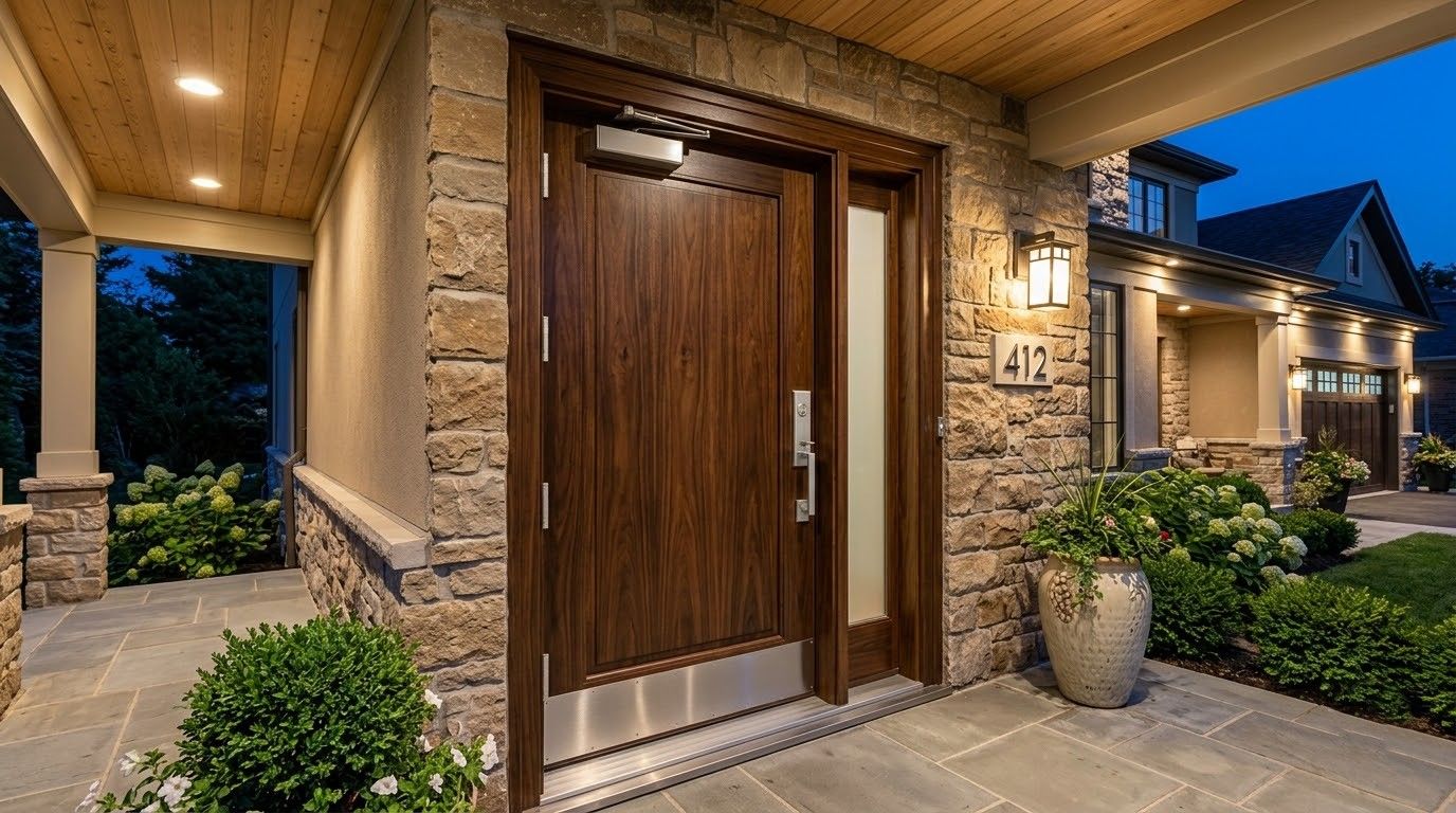 Modern building entrance with glass canopy, double wooden doors, and landscaped walkway
