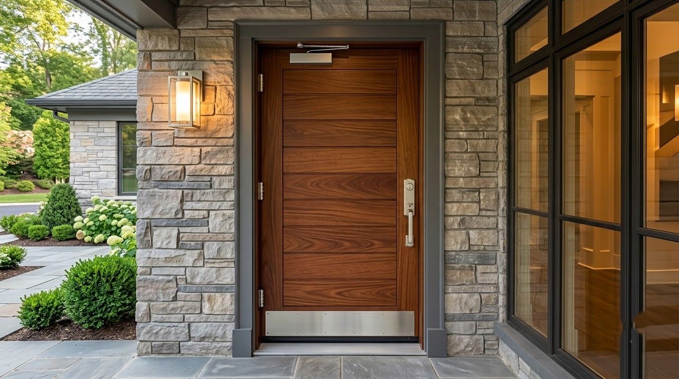 Front entrance with a wooden door, stone siding, and black-framed windows