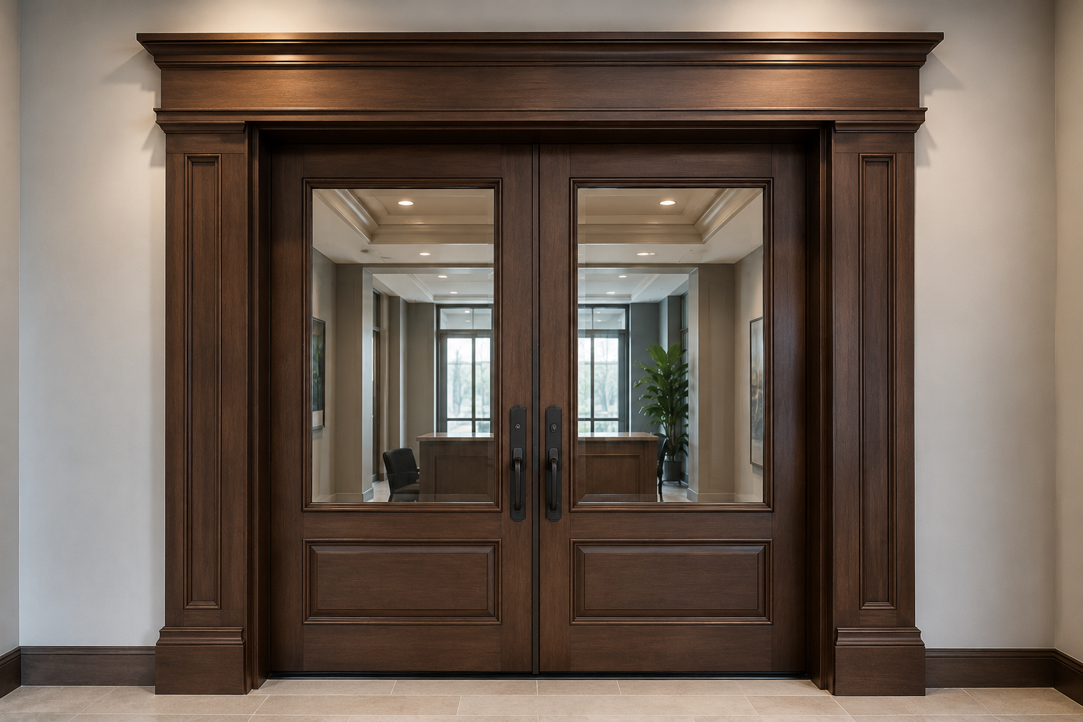Modern house entrance with dark front door, wood and stone exterior, and landscaped garden.