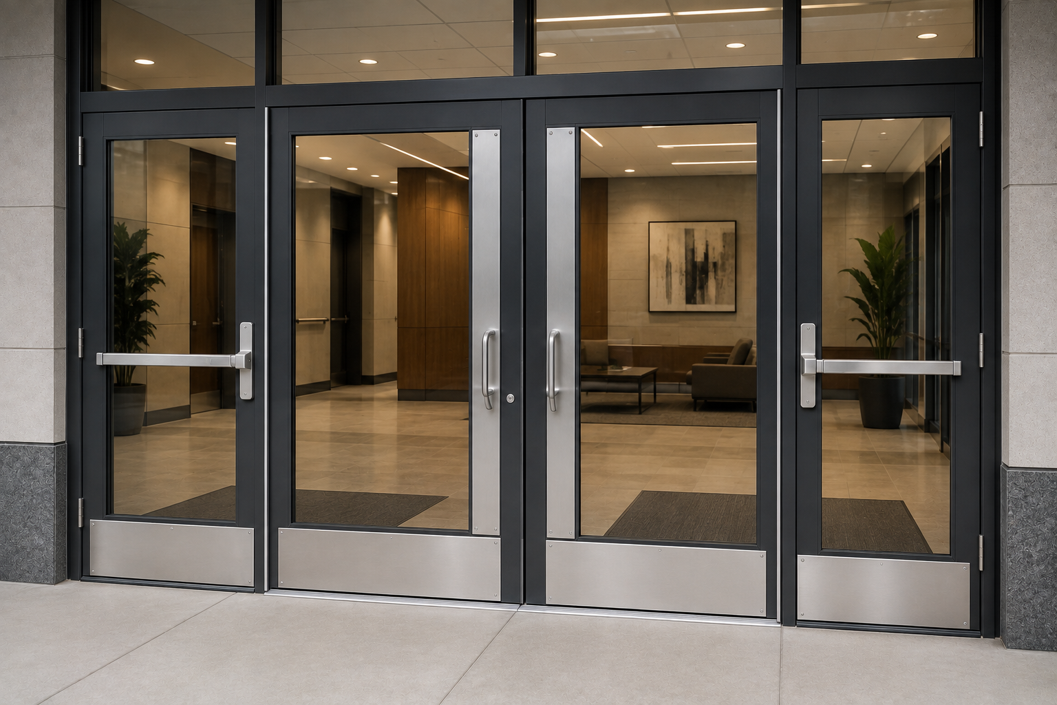 Modern building entrance with glass canopy, double wooden doors, and landscaped walkway