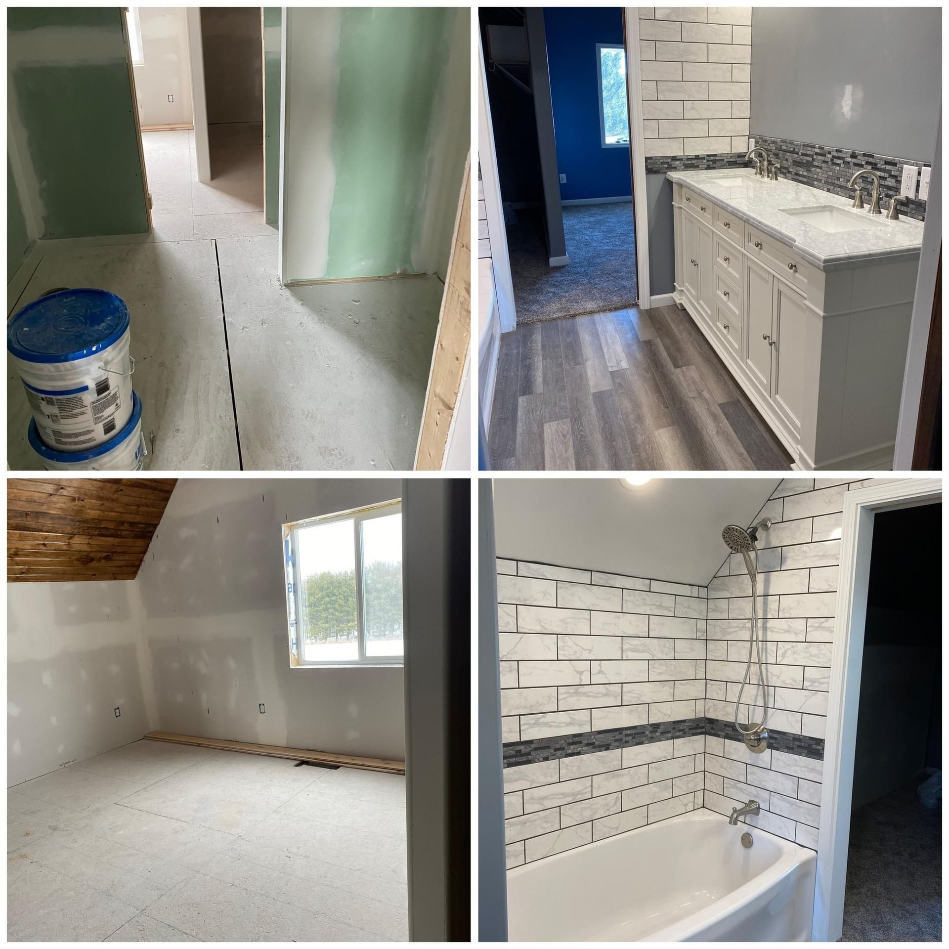 Collage of four home renovation photos: hallway, vanity, empty room, and tiled bathtub alcove