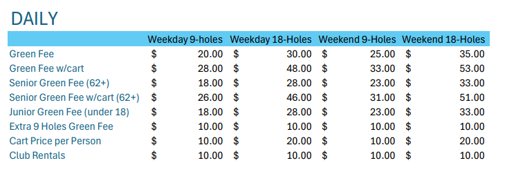 A price list table for golf fees, showing costs for weekdays and weekends, 9 or 18 holes, and various categories. A price list table for golf fees, showing costs for weekdays and weekends, 9 or 18 holes, and various categories.