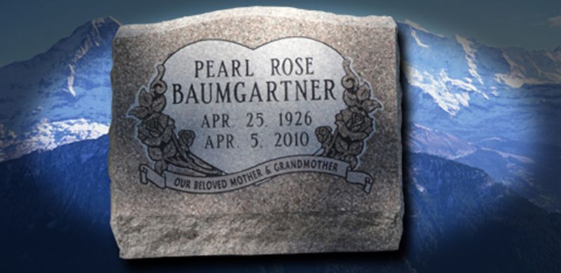 Gravestone for Pearl Rose Baumgartner. Dates: Apr. 25, 1926 - Apr. 5, 2010. Mountains in the background.