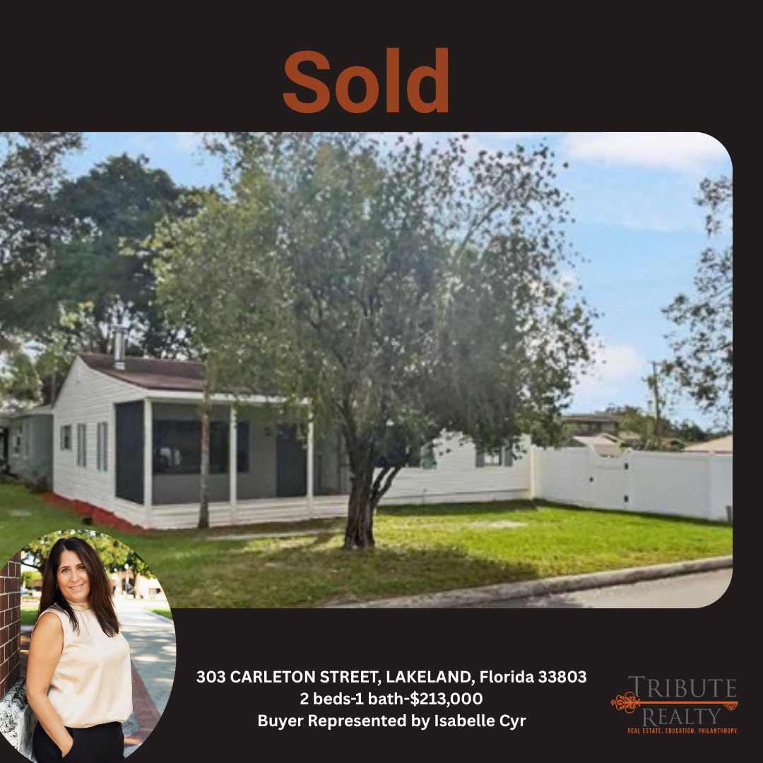 A sold house at 303 Carleton Street, Lakeland, FL, with a realtor portrait and agency logo.