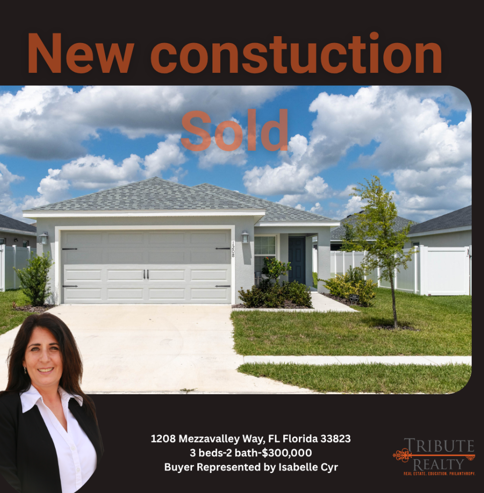 Real estate flyer featuring a new construction house, a realtor's photo, and property details for 1208 Mezzavalley Way.