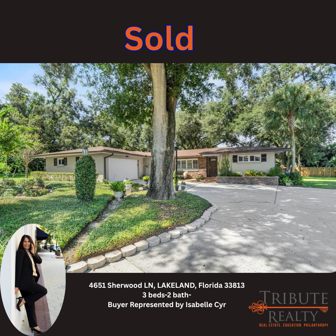 A suburban ranch-style home in Lakeland, Florida, sold by Tribute Realty, with a portrait of a real estate agent.