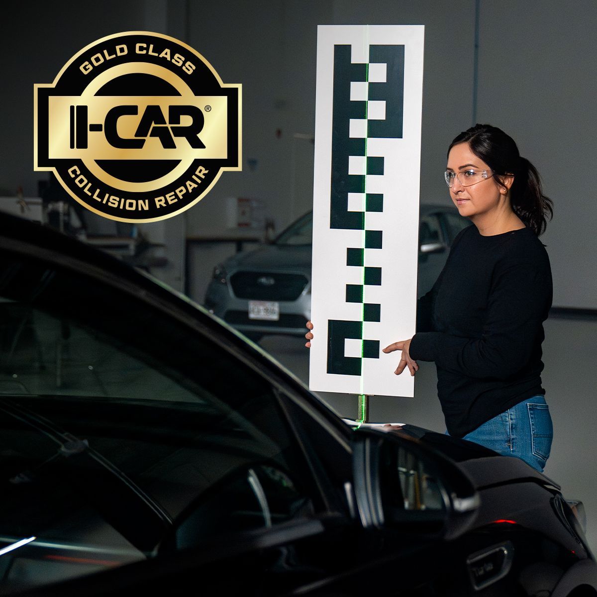 Texas Auto Center technician performing static ADAS calibration on a vehicle in our Houston shop