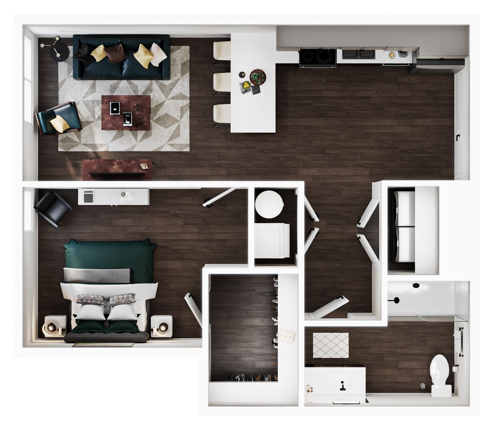 A top-down floor plan of a one-bedroom apartment featuring an open living area, kitchen, bathroom, and walk-in closet